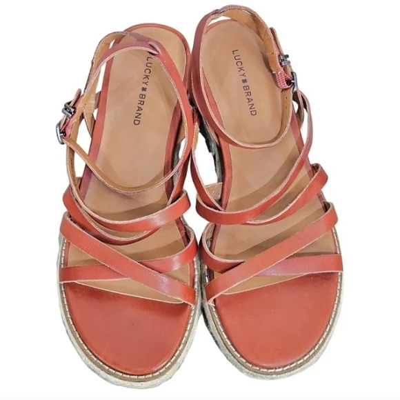 Lucky Brand Espadrille Sandals Womens Brown Leather Size 8.5 Boho Prairie Wedge - Picture 7 of 13
